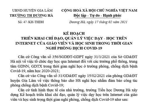 TH Dương Hà_Kế hoạch chỉ đạo dạy học trực tuyến trong thời gian nghỉ phòng chống dịch Covid 19